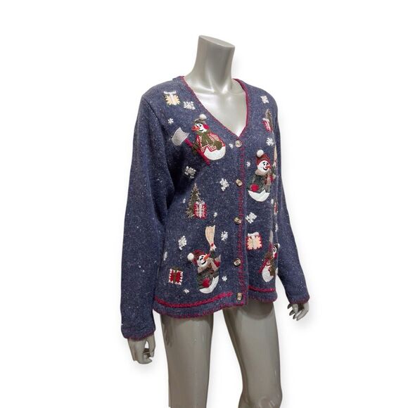 Vintage 90s Christmas Cardigan Sweater Medium Snowmen Blue Speckled Angora Tree - Picture 5 of 12
